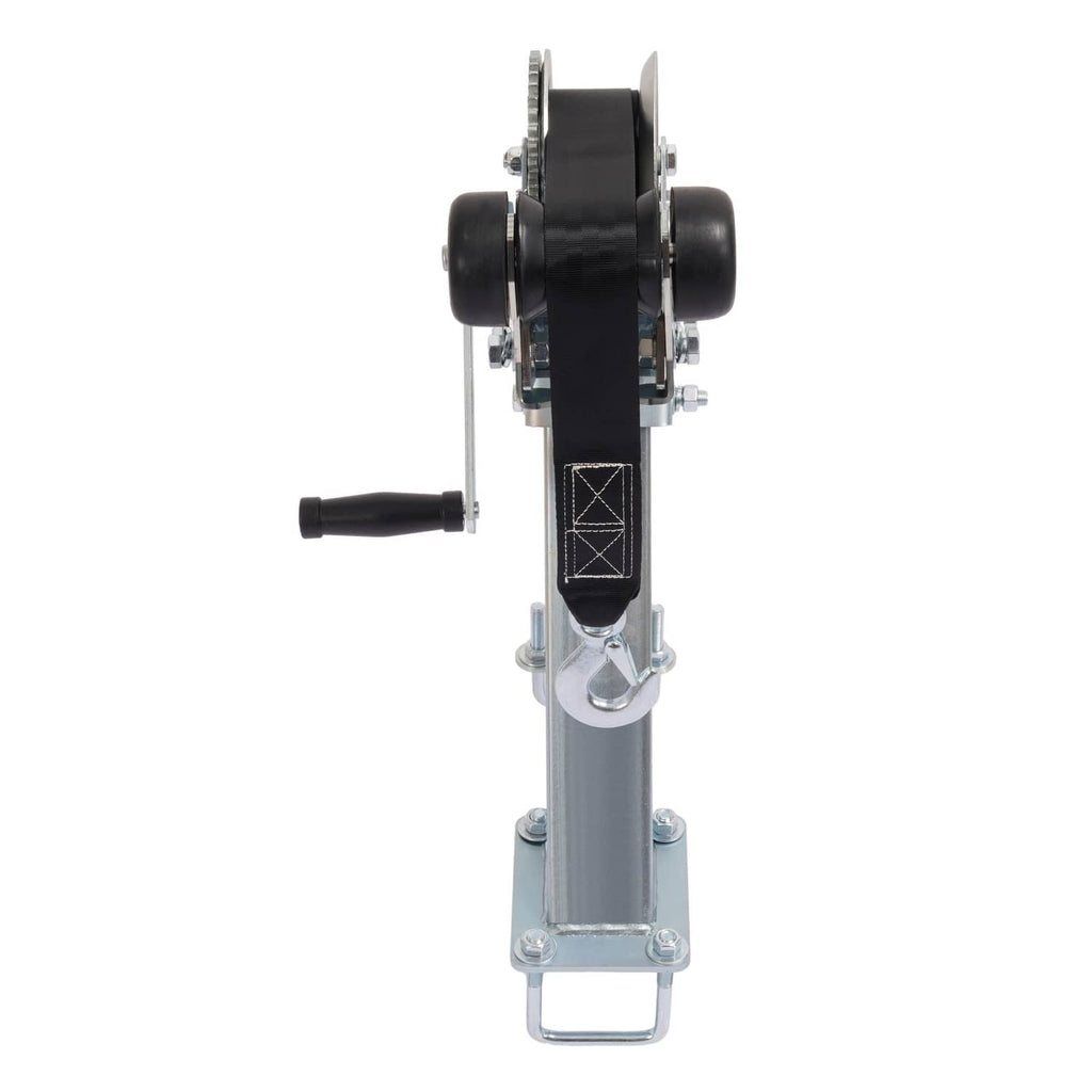 Winch stand assembly with black hand crank, pulley wheel, and hanging safety hook