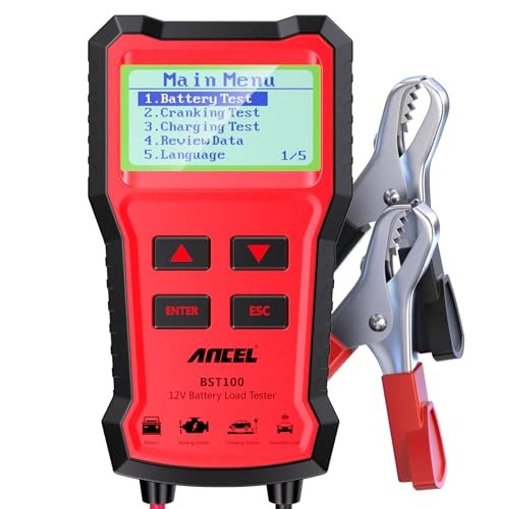 12V battery tester with LCD menu screen and red clamp lead wires