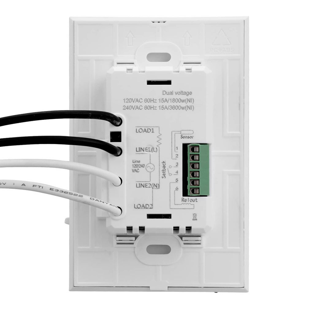 White thermostat backplate with terminal wiring connections and dual voltage label