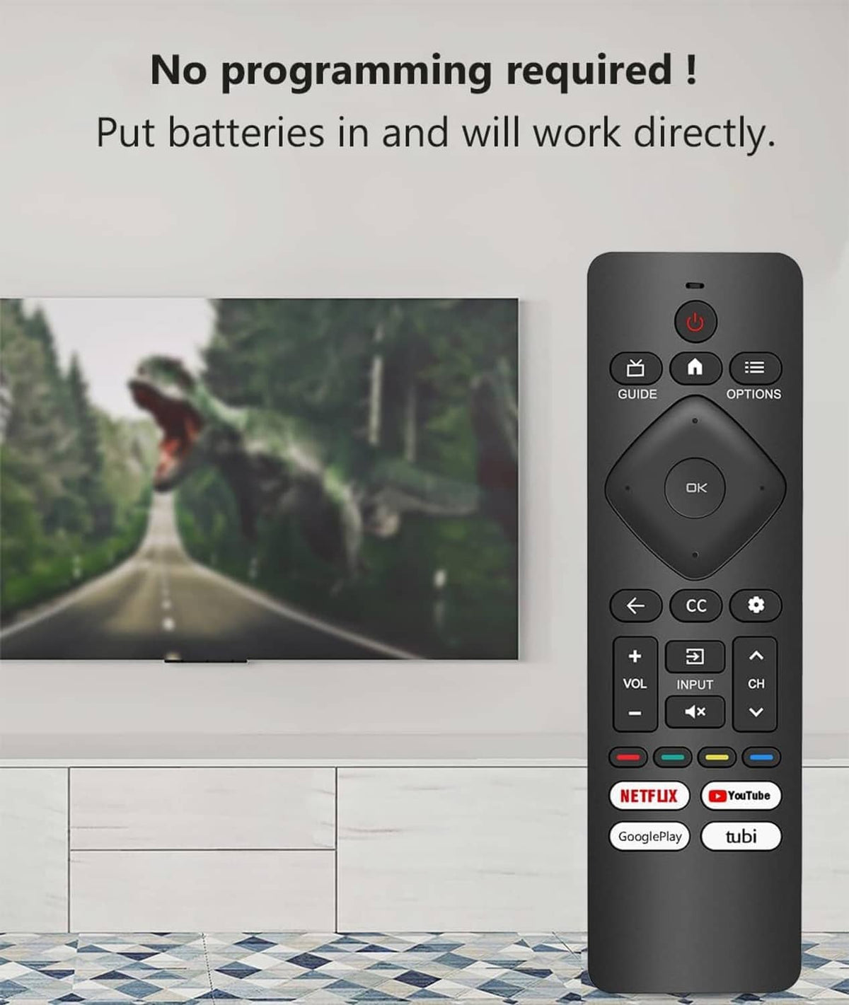 Black TV remote control with power, guide, options, and CC buttons