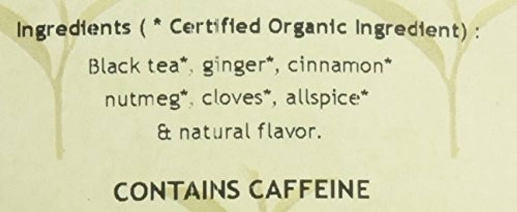 Organic pumpkin spice black tea ingredients list on package, contains caffeine