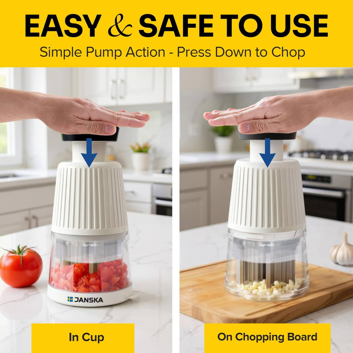 White push food chopper with clear container and hand pressing down the top