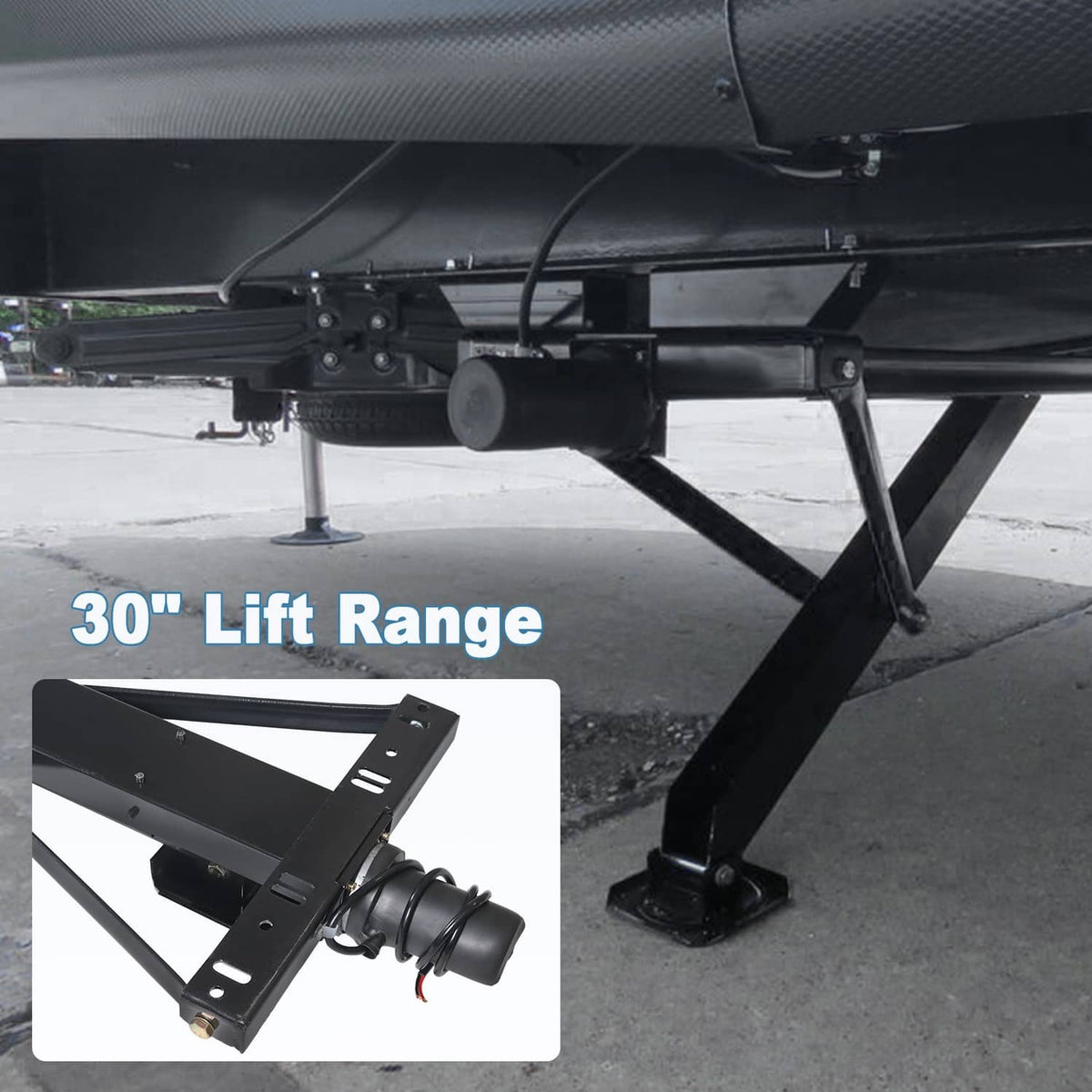 Mounted trailer stabilizer jack stand with black lifting legs and spring-loaded jack