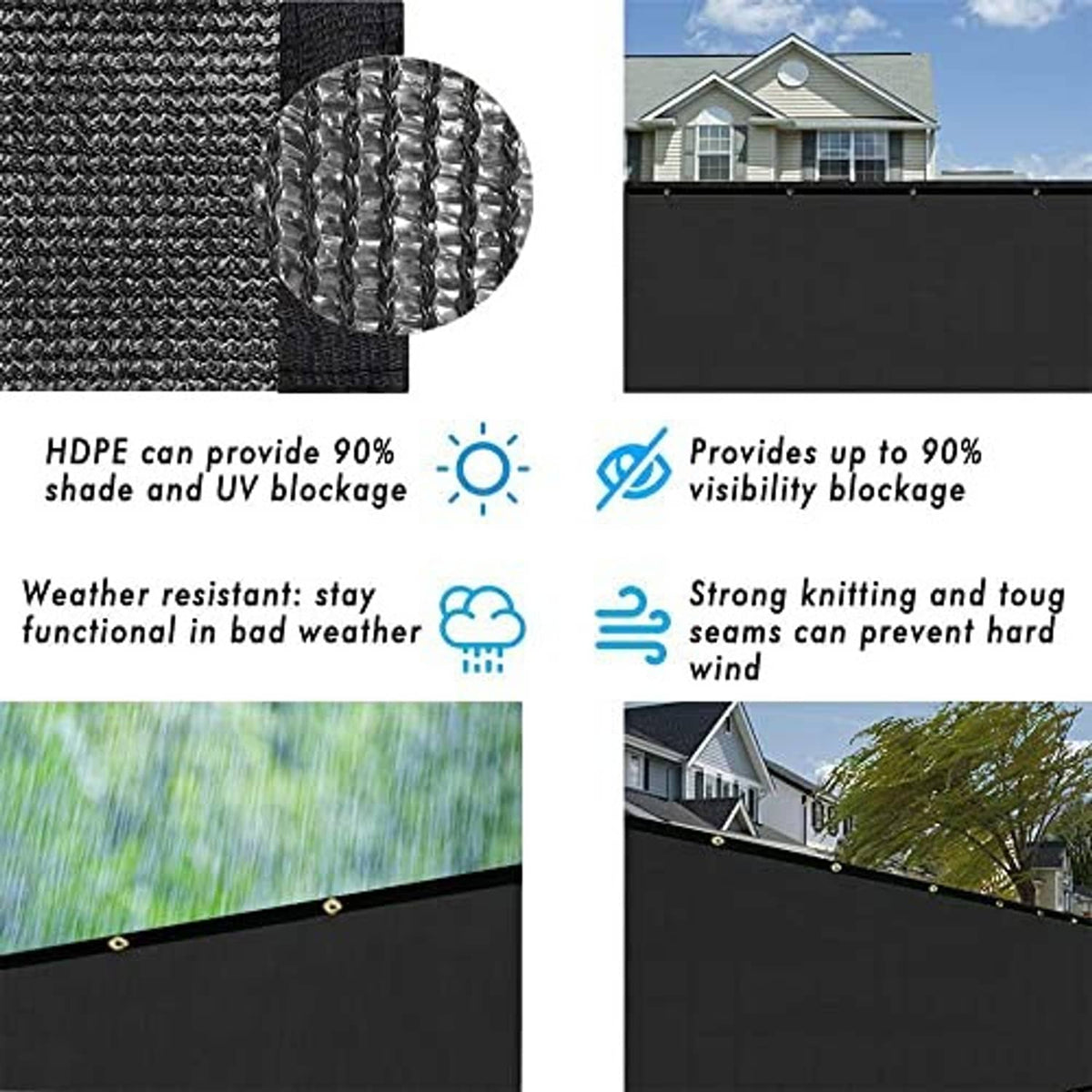 Black privacy fence screen panel with reinforced edge stitching and grommet openings