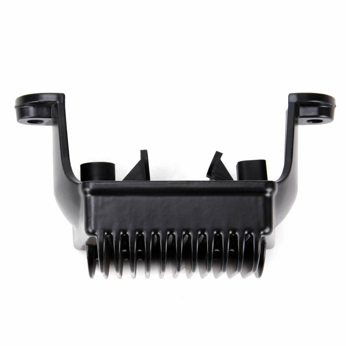 Black voltage regulator rectifier underside with springy fins and two top mounting brackets