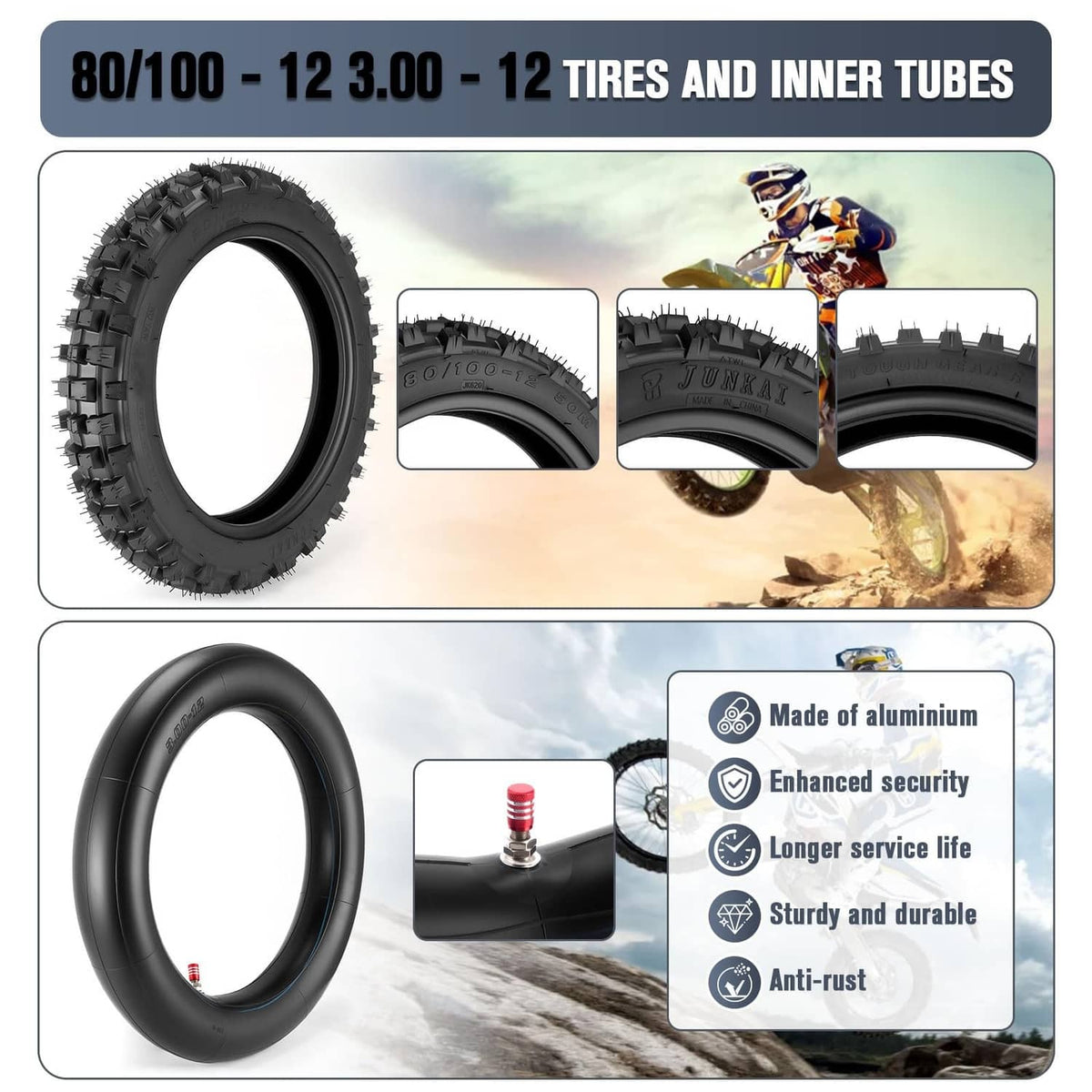 All-terrain tire and inner tube set with valve stem detail