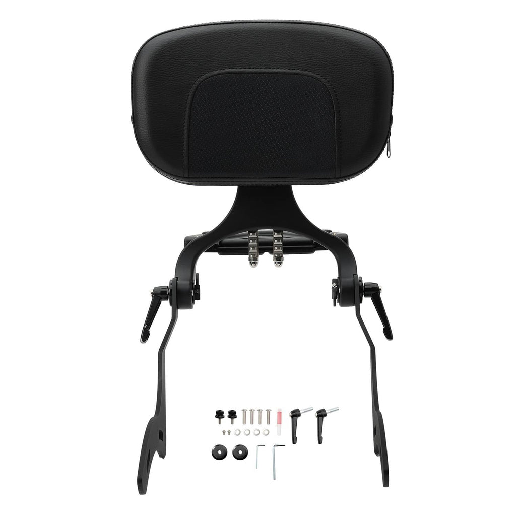 Motorcycle sissy bar backrest set with black cushion, support frame, and hardware