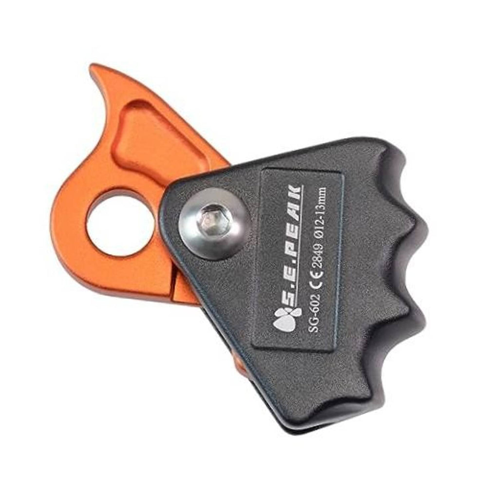 Orange and black rope grab ascender with metal bolt and textured cam