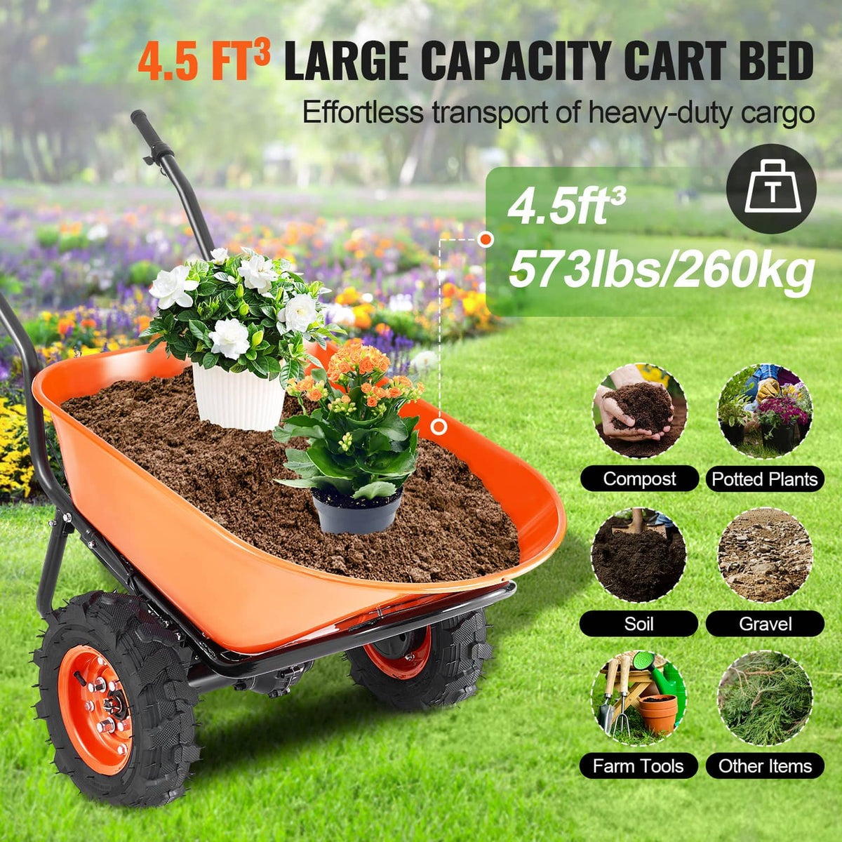 Orange 4.5 cu ft electric wheelbarrow cart filled with soil and potted flowers