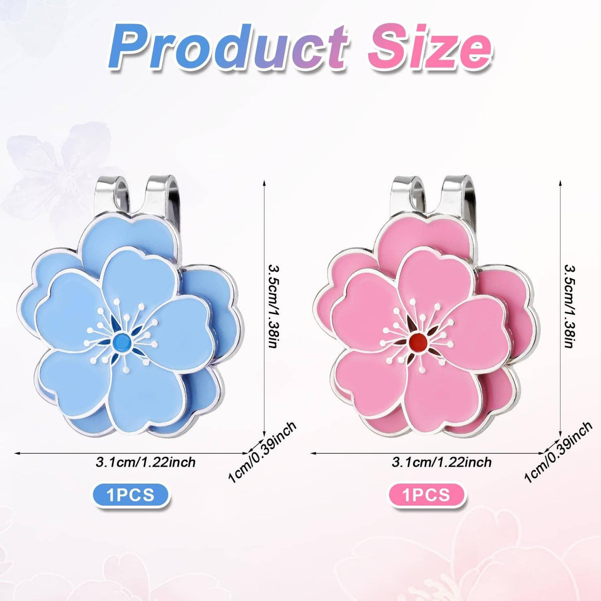 Blue and pink flower magnetic hat clip set with silver metal spring clips