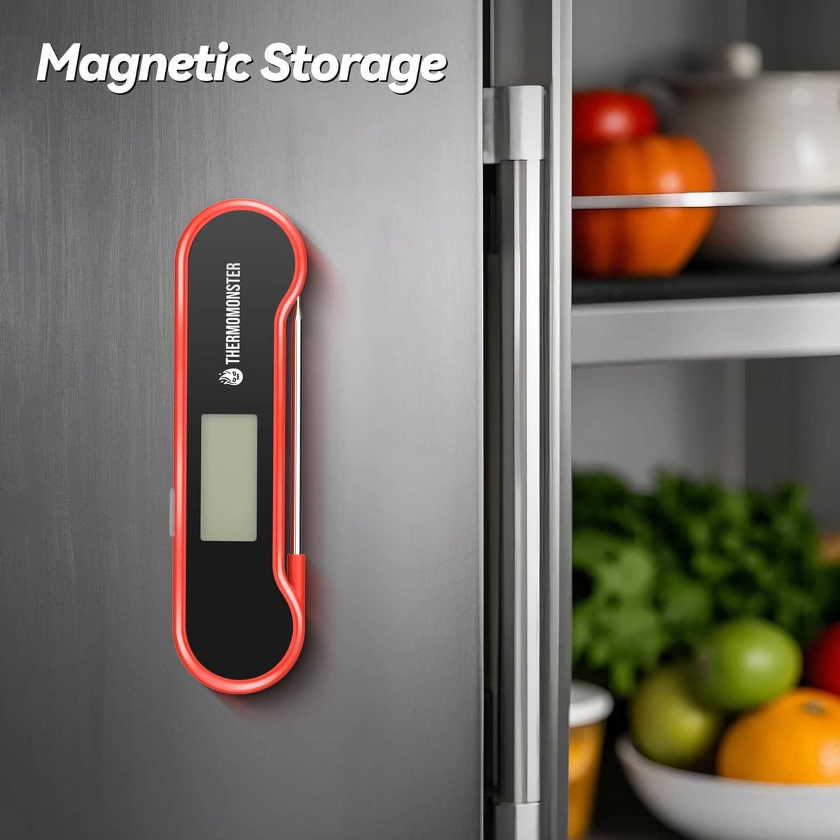 Red meat thermometer magnetically stored on a refrigerator door, LCD screen