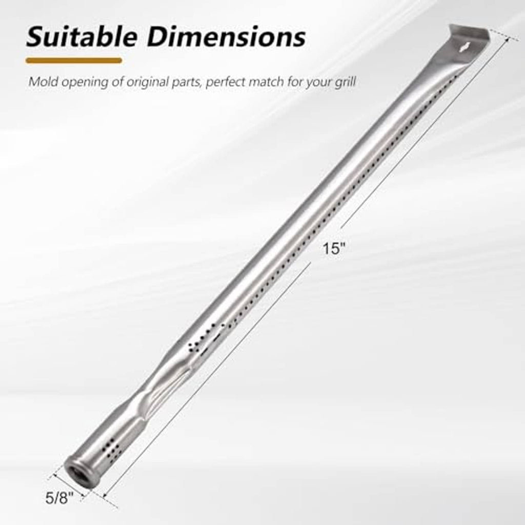 Stainless steel grill burner tube with long row of perforations and end fitting