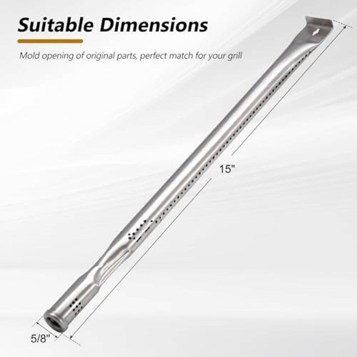 Stainless steel grill burner tube with long row of perforations and end fitting