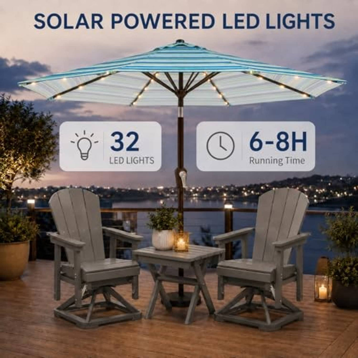 Solar patio umbrella with striped fabric and multiple warm LED lights across ribs