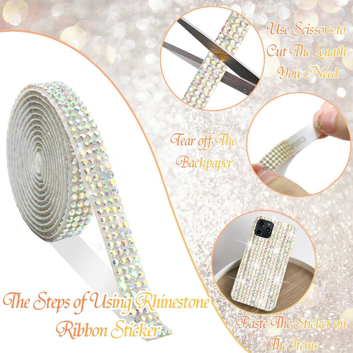 Self-adhesive rhinestone ribbon roll with iridescent AB crystals on white tape