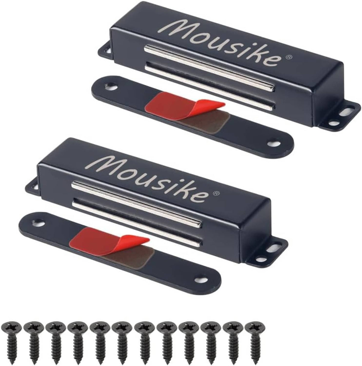 Set of two black magnetic door catches with red latch and mounting screws.