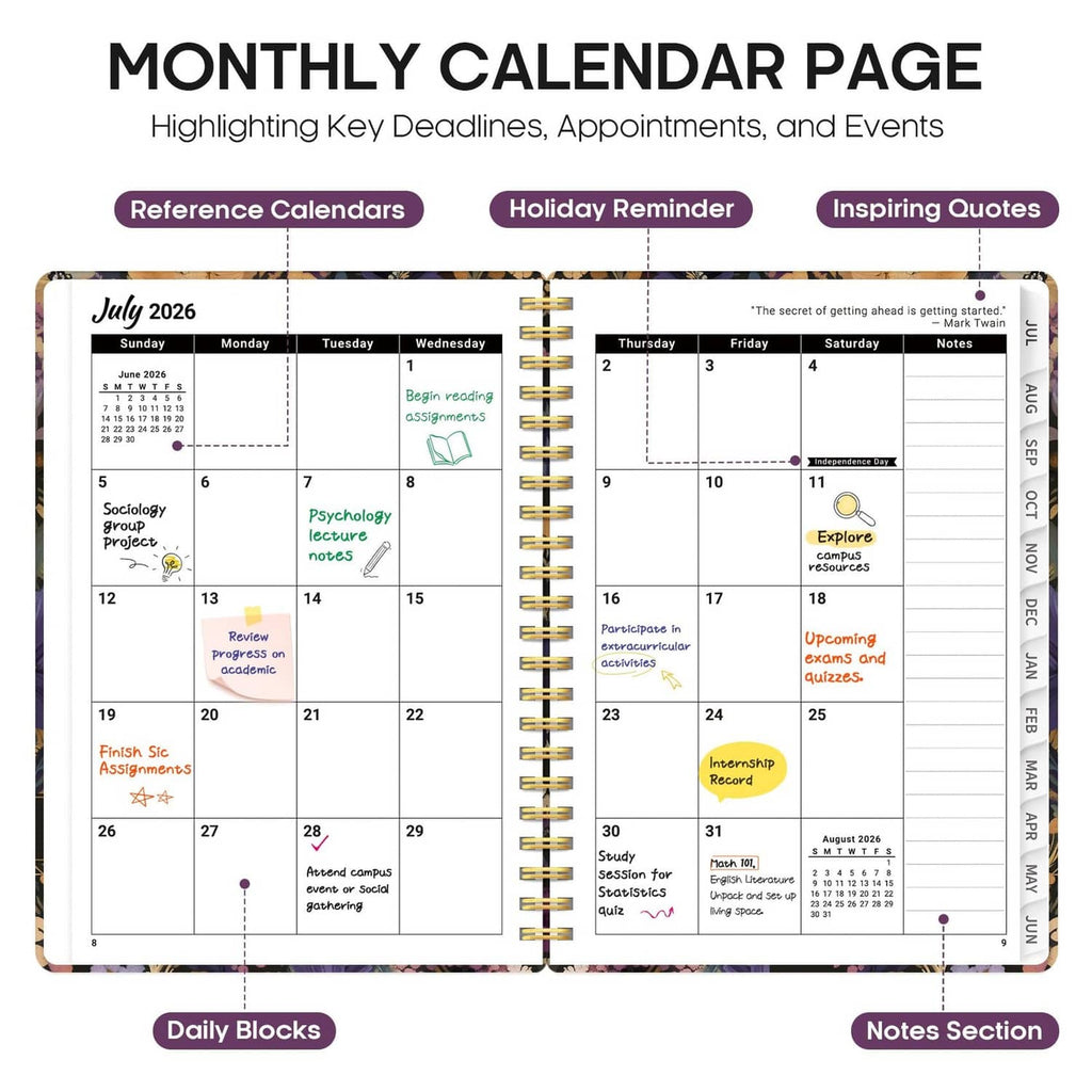 Monthly calendar page with highlighted key dates, appointments, and events in planner layout