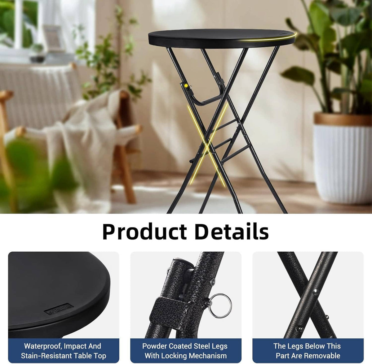 Black round folding cocktail table with plastic top and powder-coated steel legs
