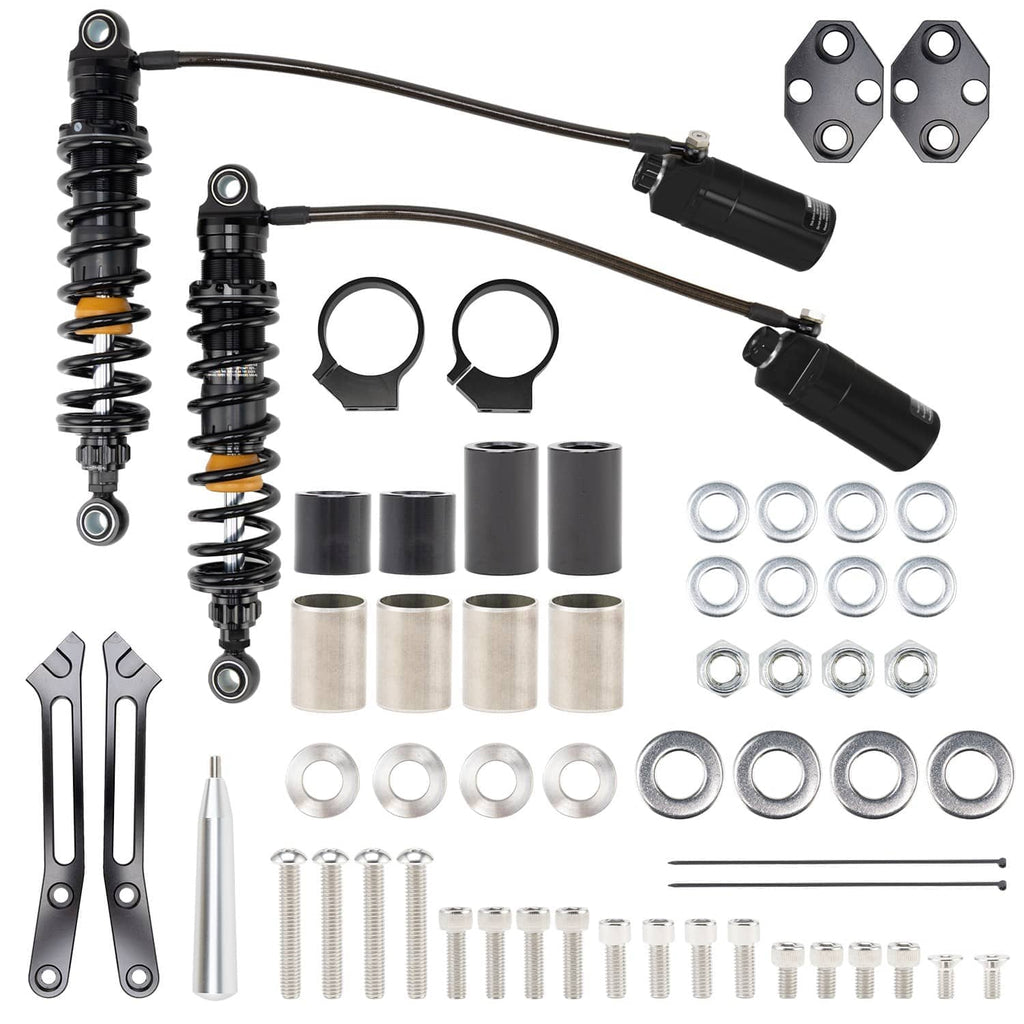 Remote reservoir suspension shocks kit contents with hoses, brackets, springs, and mounting hardware