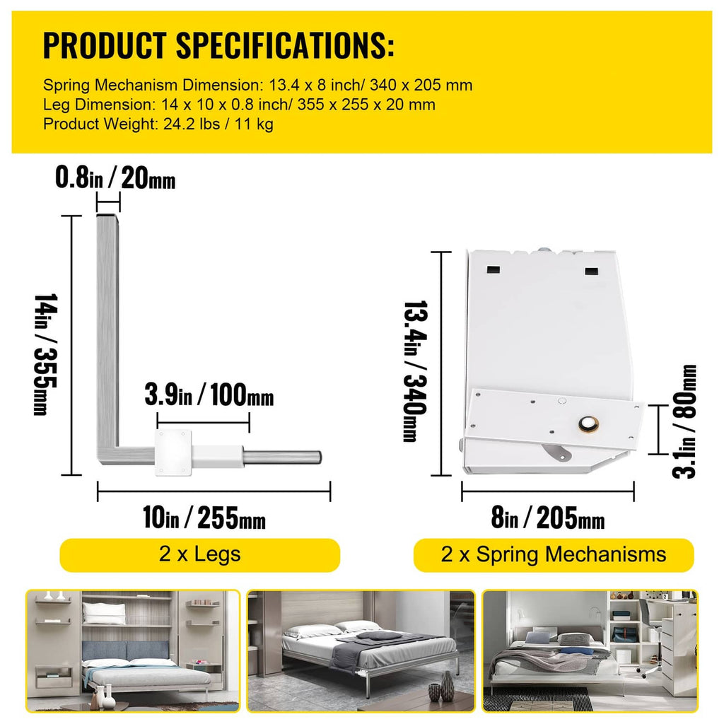 Murphy bed spring mechanism dimensions diagram with 2 spring mechanisms and 2 legs