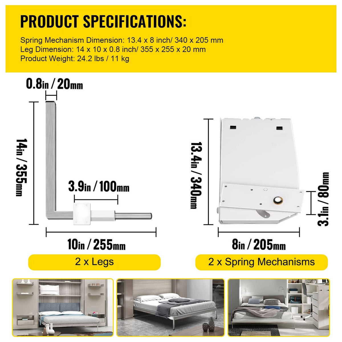 Murphy bed spring mechanism dimensions diagram with 2 spring mechanisms and 2 legs