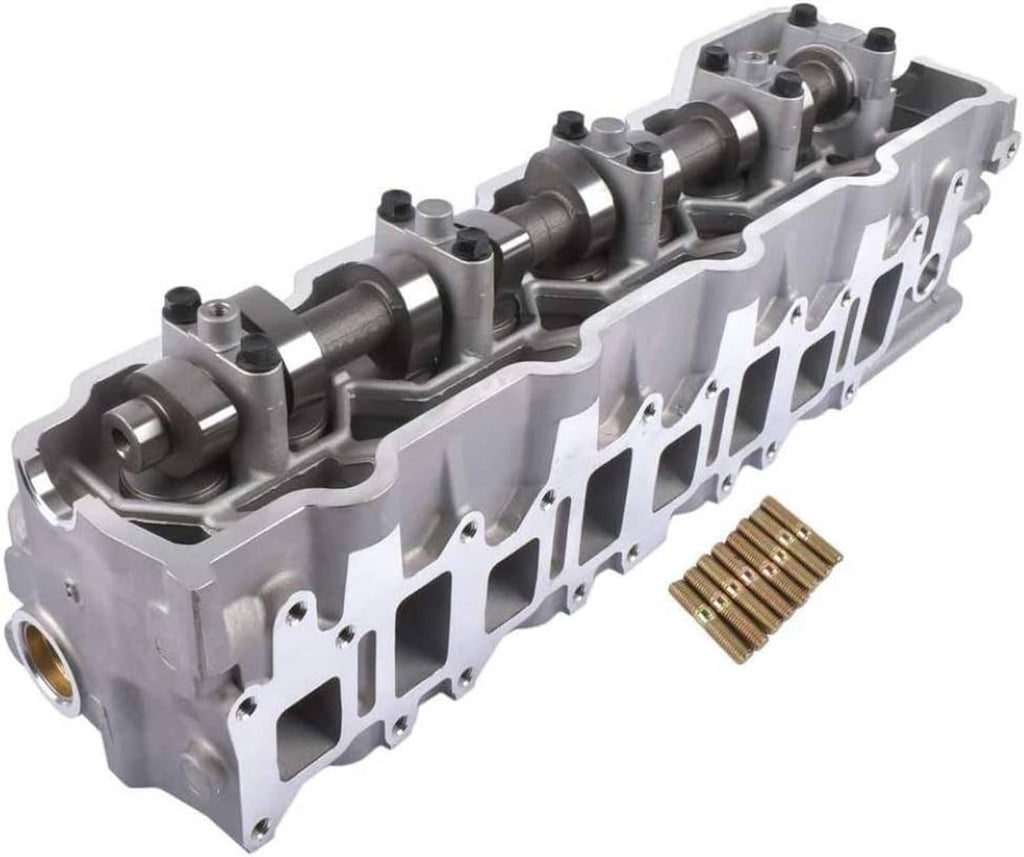 Cylinder head assembly side view with camshaft journals and threaded stud bundle