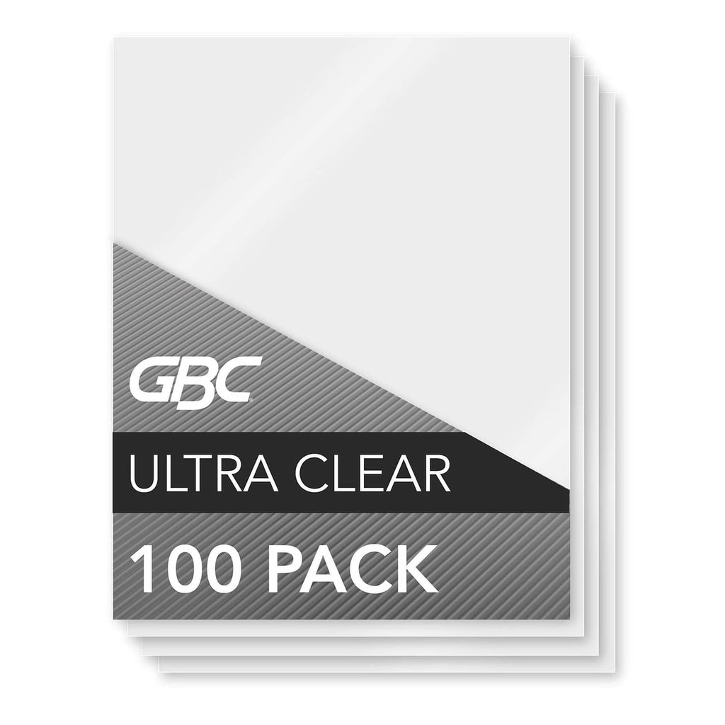 GBC Ultra Clear laminating pouches, letter size, 100 pack, clear sheet stack