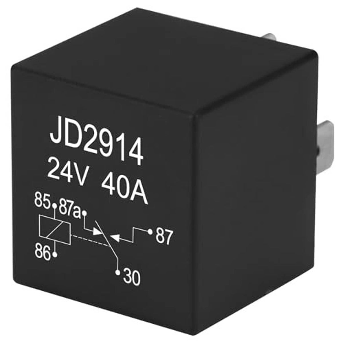 Automotive relay with black cube housing and “JD2914 24V 40A” label plus pin diagram