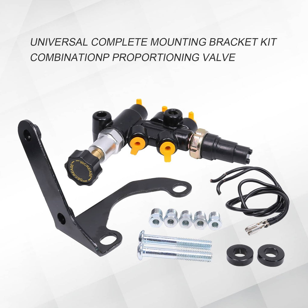 Complete mounting bracket kit with combination proportioning valve, hoses, and hardware