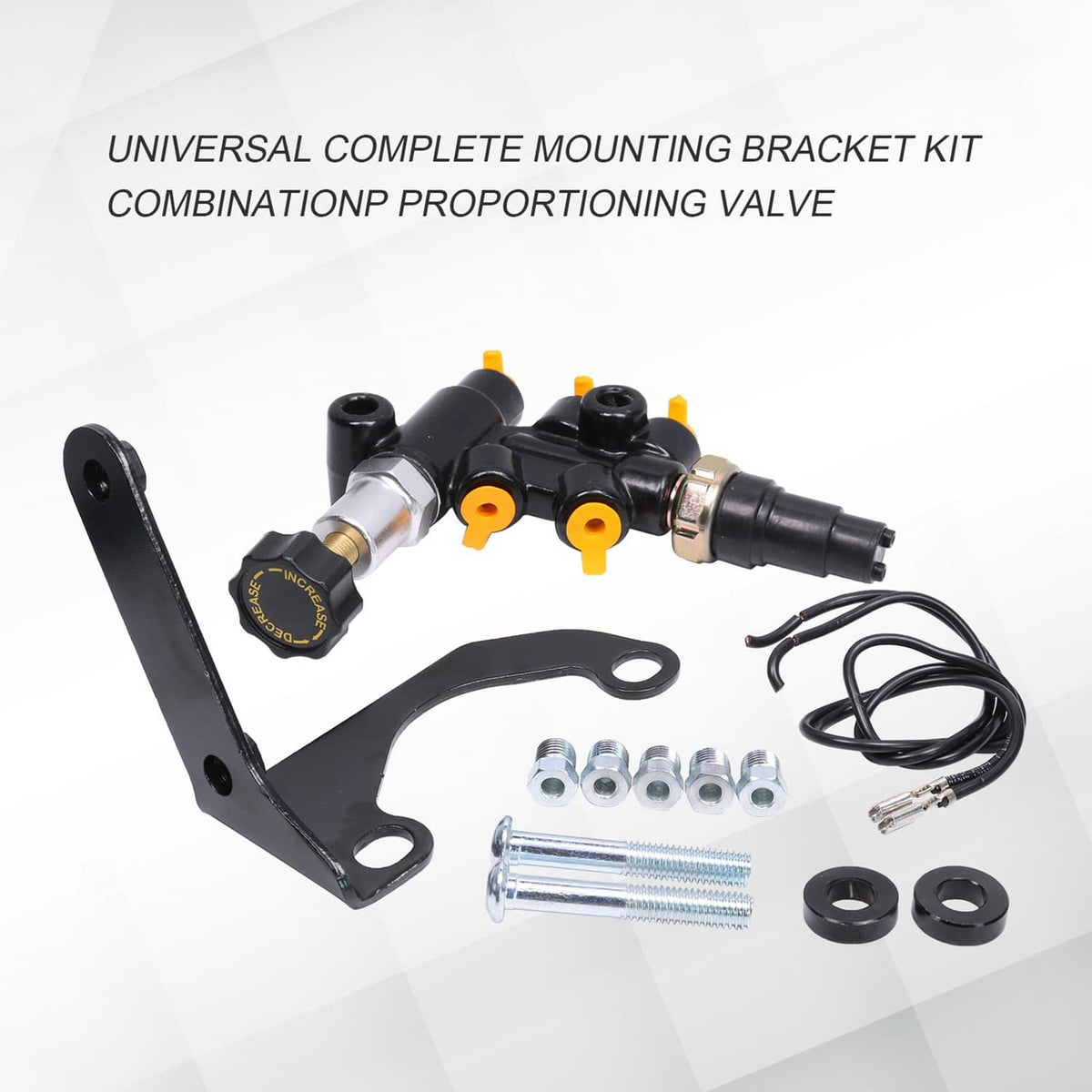 Complete mounting bracket kit with combination proportioning valve, hoses, and hardware