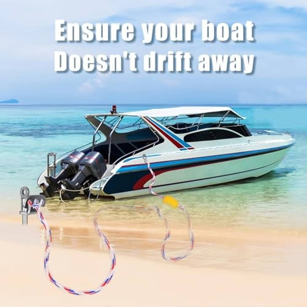 Sand anchor with rope secured near a boat, showing the anchor and coiled line