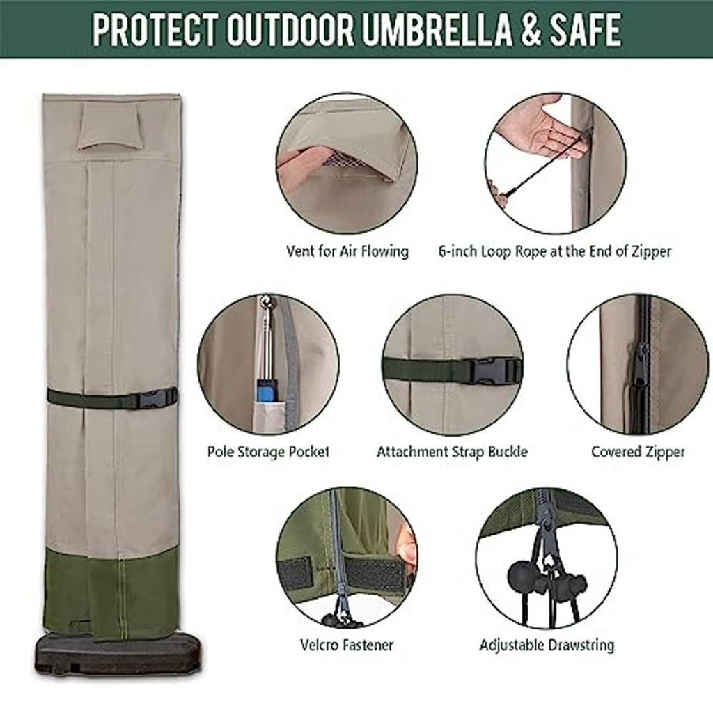 Taupe umbrella cover with green bottom band; shows vent, pocket, strap buckle, zipper