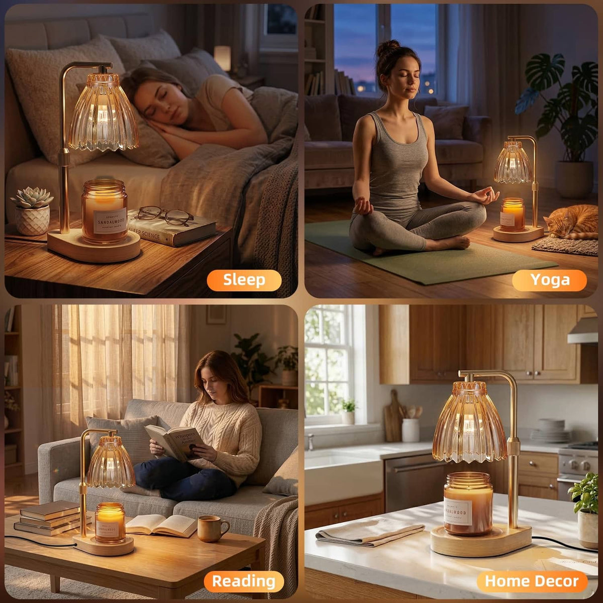 Amber glass candle warmer lamp on gold-tone stand with lit jar candle in home setting
