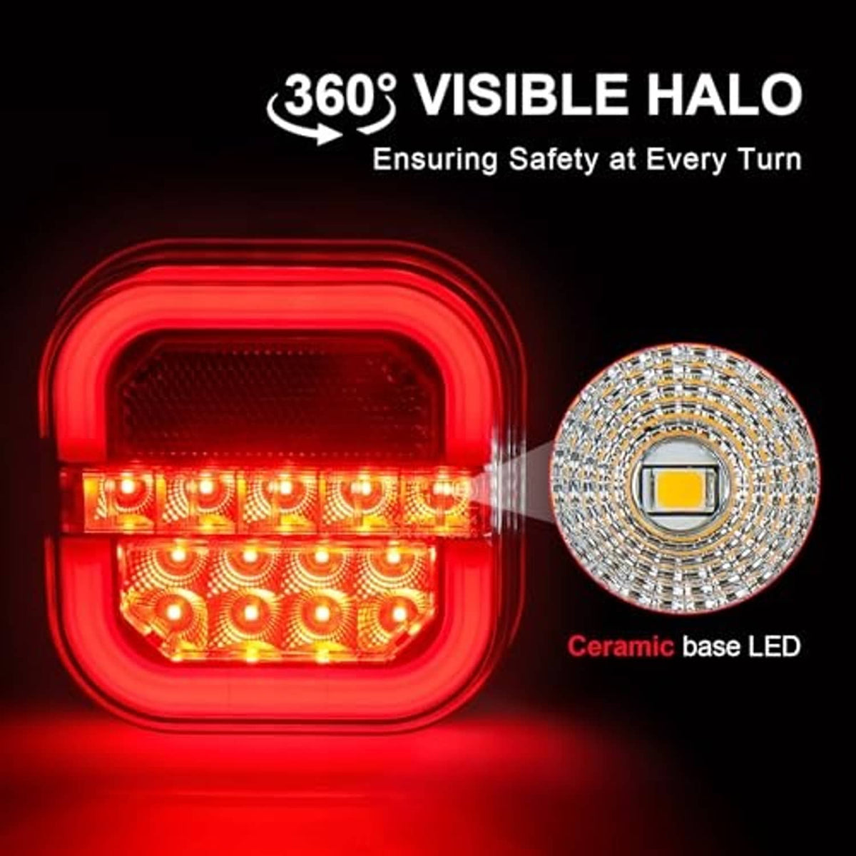 Lit red square LED trailer light showing bright halo light bar and reflective lens