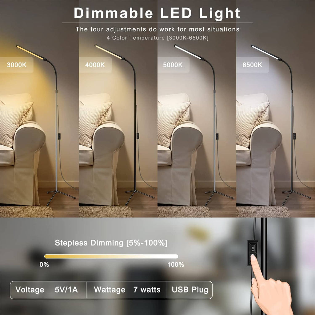 Dimmable LED floor lamp with 3000K–6500K options, slim light bar and tripod stand