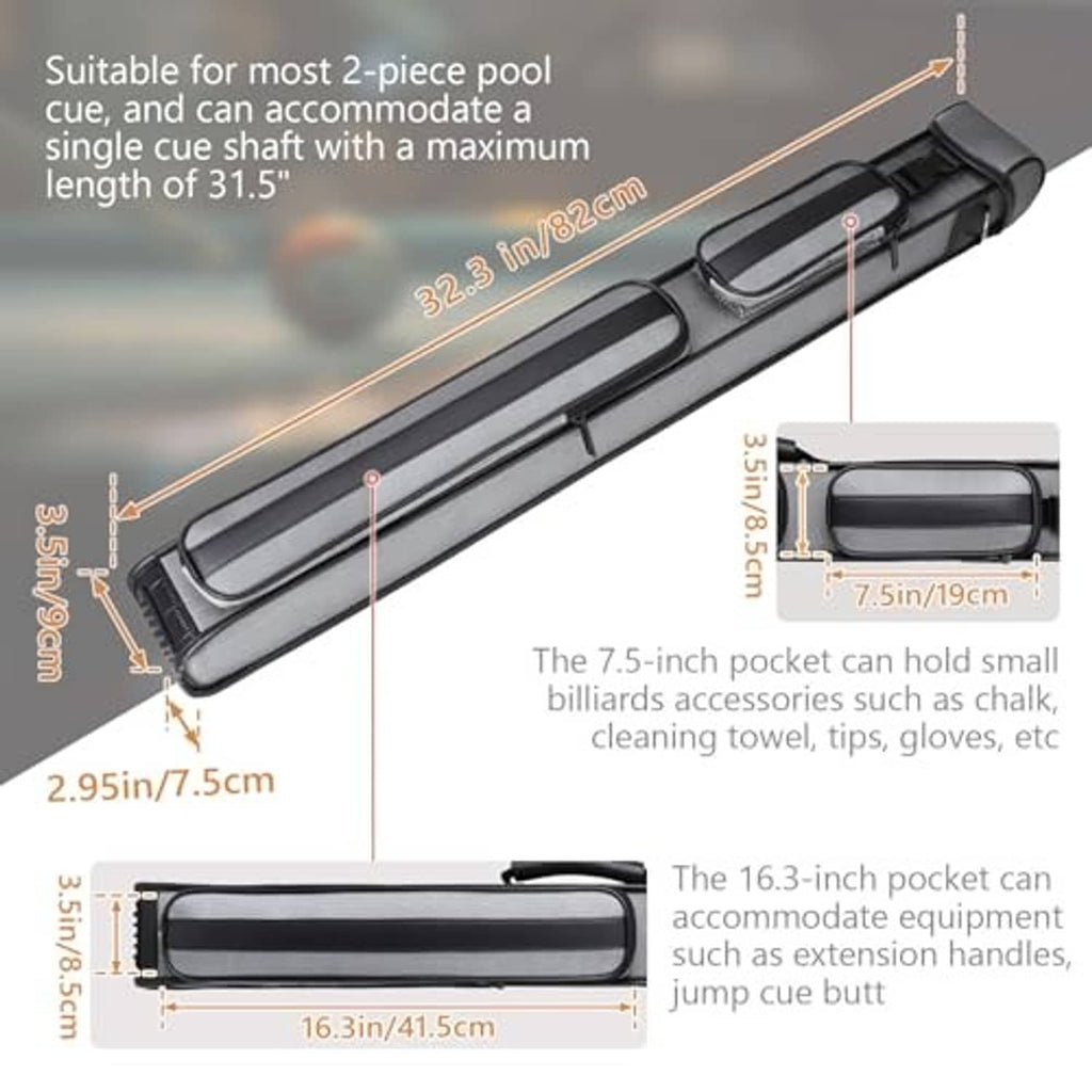 Hard pool cue case with zip pocket, reinforced edges, and accessory compartments
