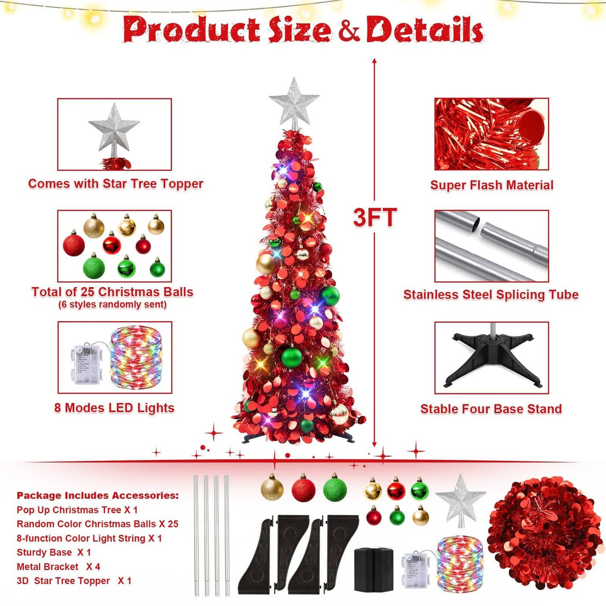 3ft red pop-up Christmas tree with star topper, LED lights, ornaments, and base stand