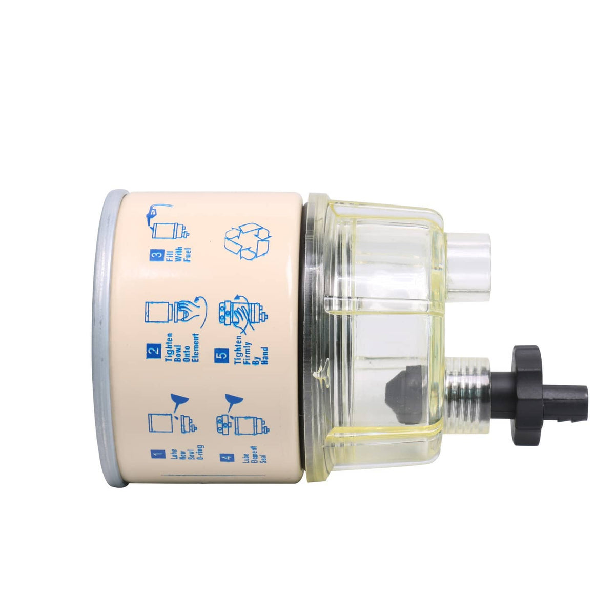 Spin-on fuel filter water separator with blue diagram markings on beige canister