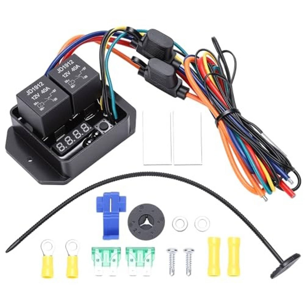 Digital DC12V radiator fan controller switch kit with dual relays, display panel, harness