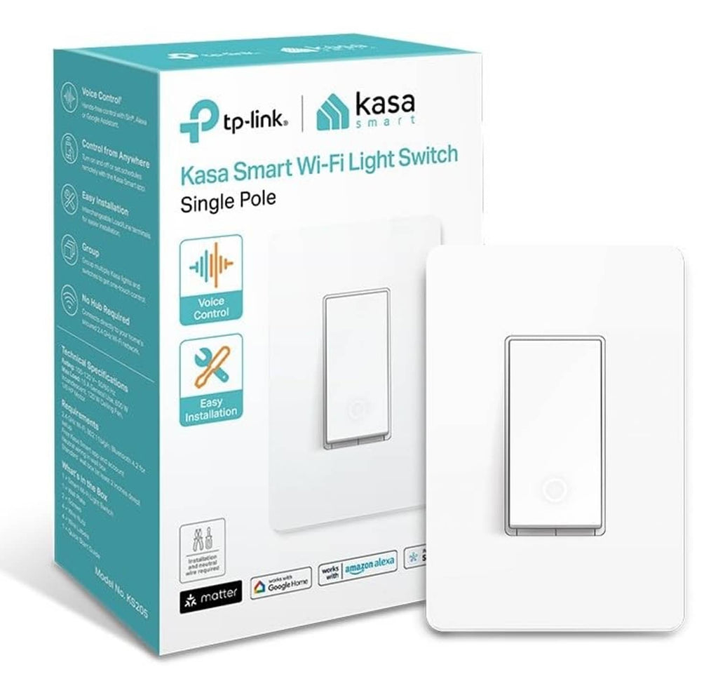 White single-pole smart Wi‑Fi light switch with wall plate, Kasa Matter KS205 (1 pack)