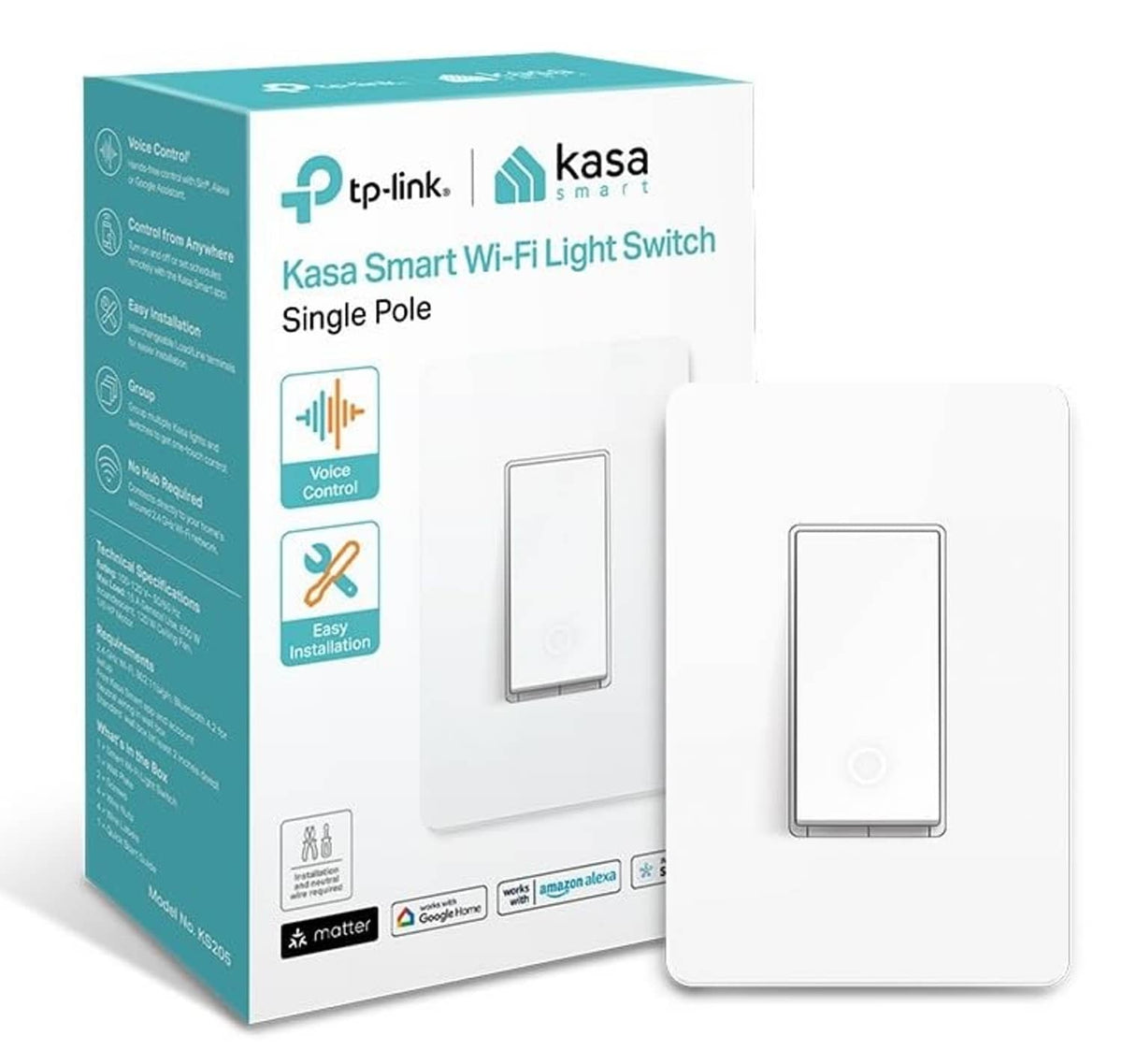 White single-pole smart Wi‑Fi light switch with wall plate, Kasa Matter KS205 (1 pack)