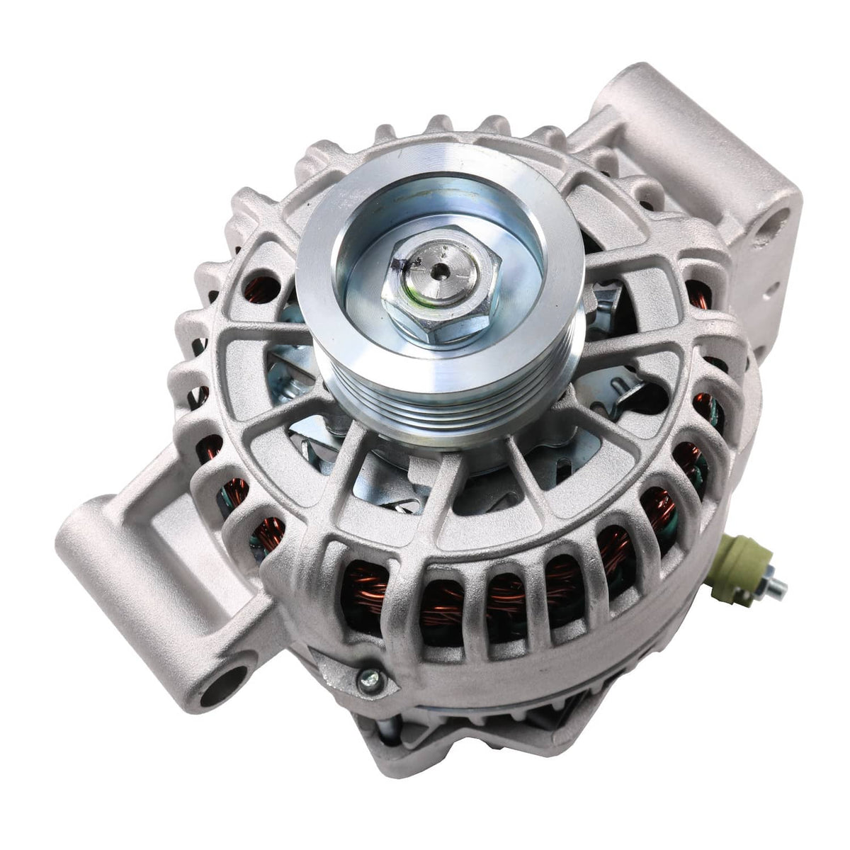 Automotive alternator with round pulley face and front electrical terminals