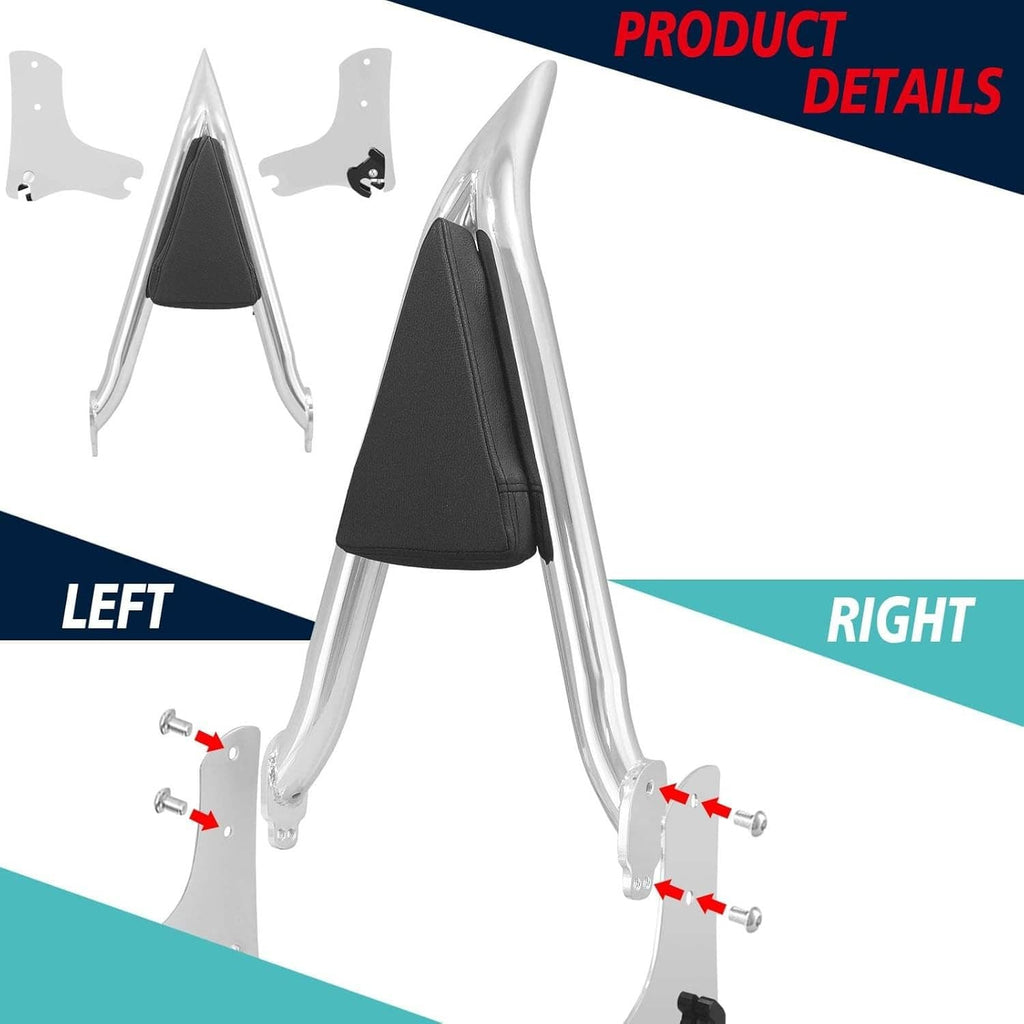 Chrome sissy bar backrest with black pad, left/right mounting hardware shown