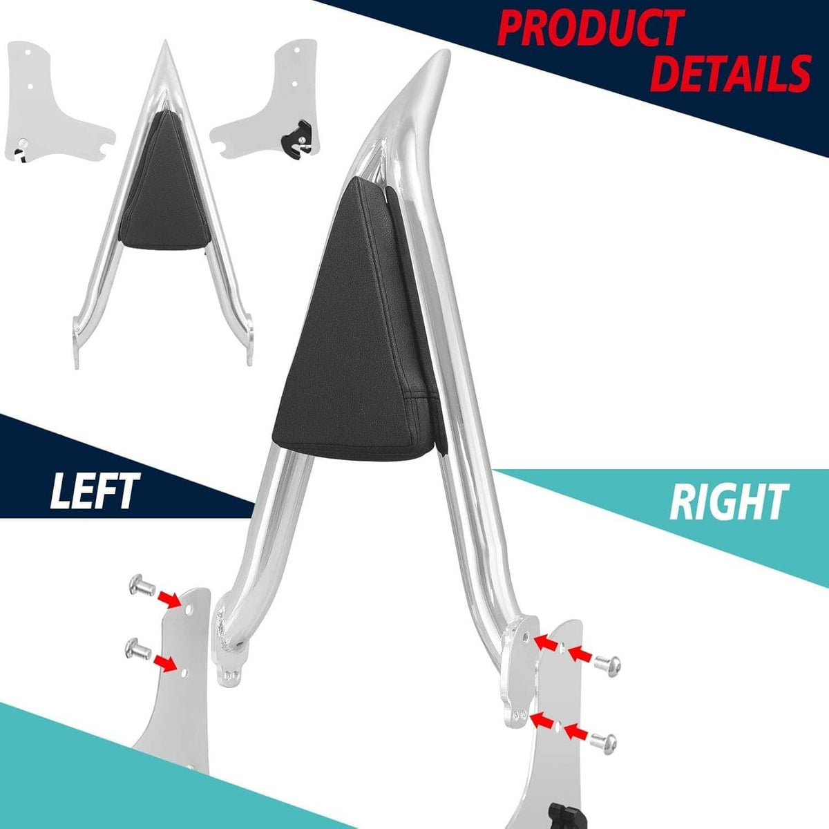 Chrome sissy bar backrest with black pad, left/right mounting hardware shown