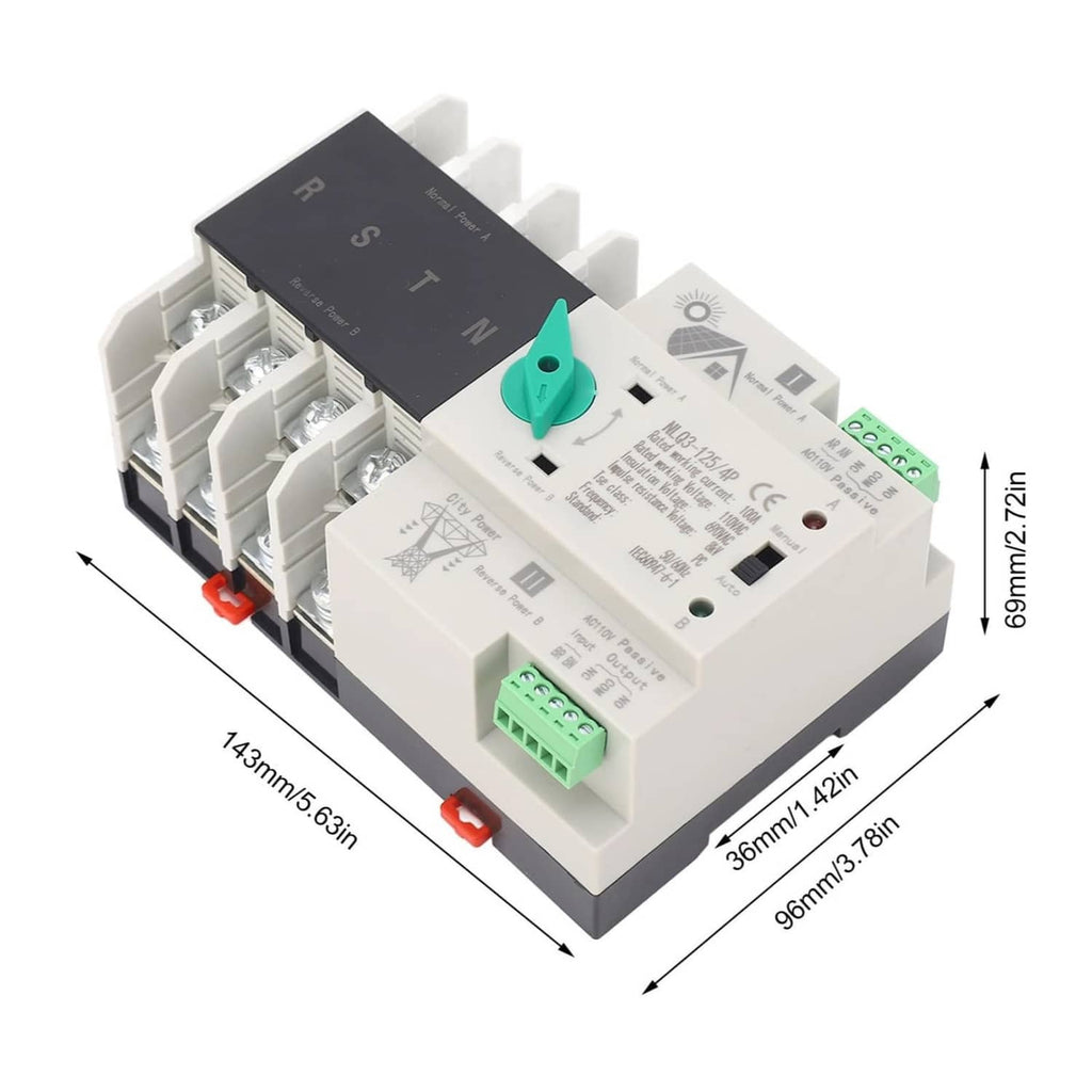 Compact 4P transfer switch with green handle, rail mount, and screw terminal blocks