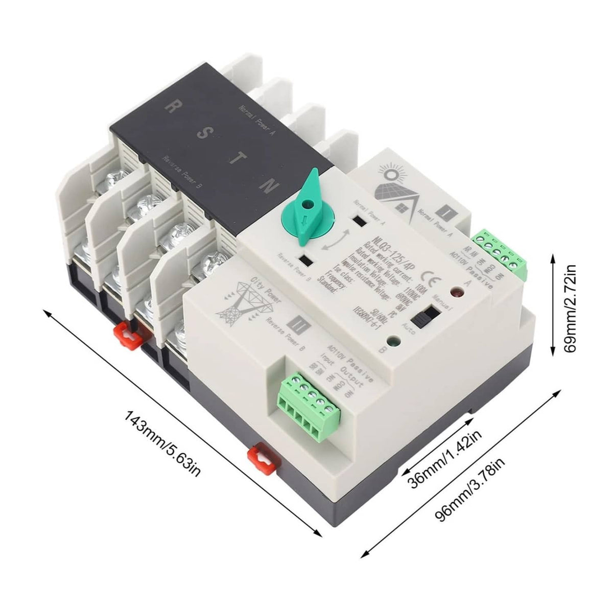 Compact 4P transfer switch with green handle, rail mount, and screw terminal blocks