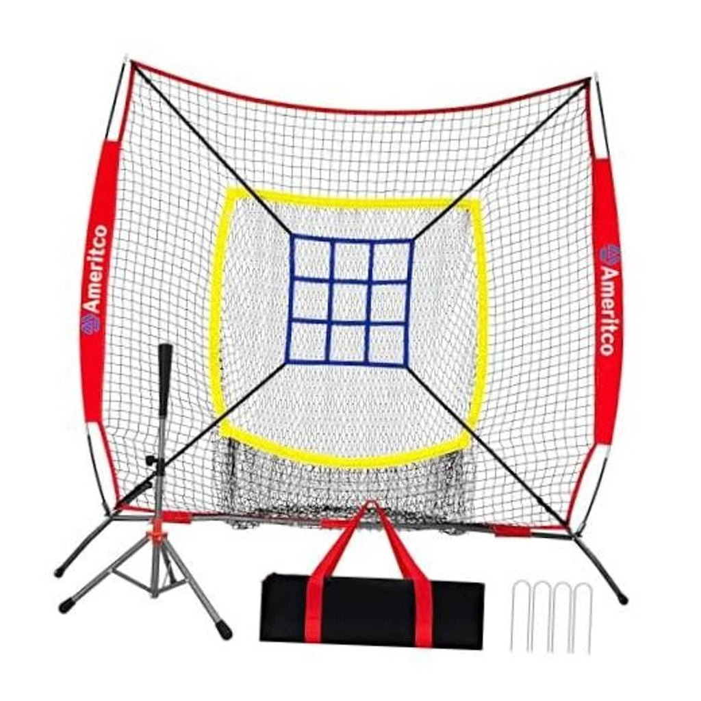 Baseball practice batting net with red frame, yellow target frame, and blue square goal