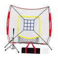 Baseball practice batting net with red frame, yellow target frame, and blue square goal