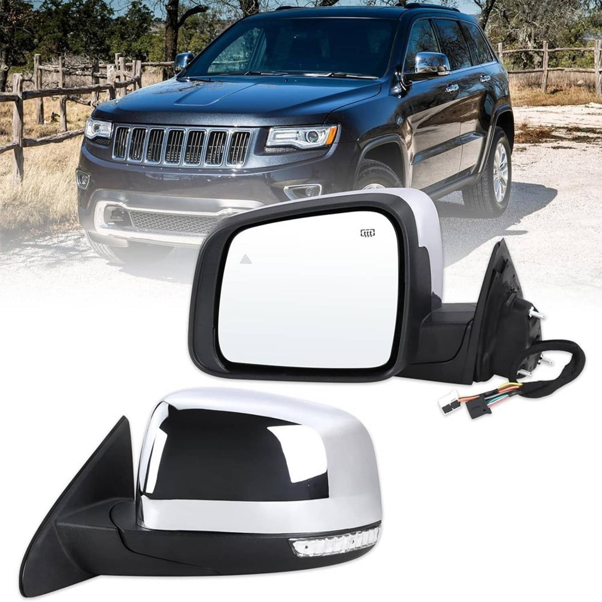 Driver-side manual-fold mirror with blind-spot indicator, black housing and connectors