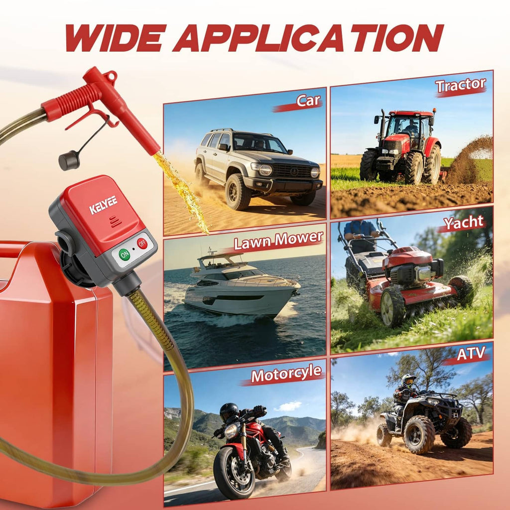 Red fuel transfer pump with suction hose connected to a controller unit